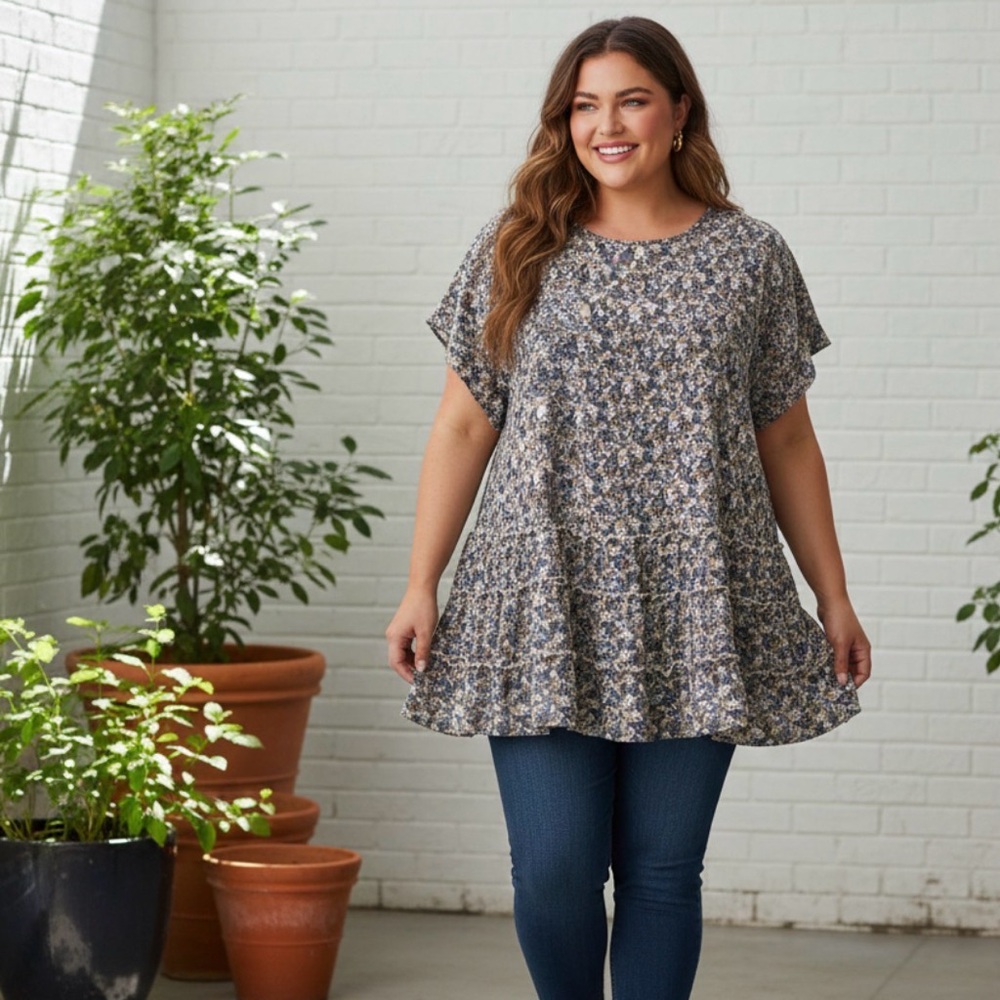 Altar’d State Arula Ditsy Floral Gray Boho Tiered Short Sleeve Blouse size XL